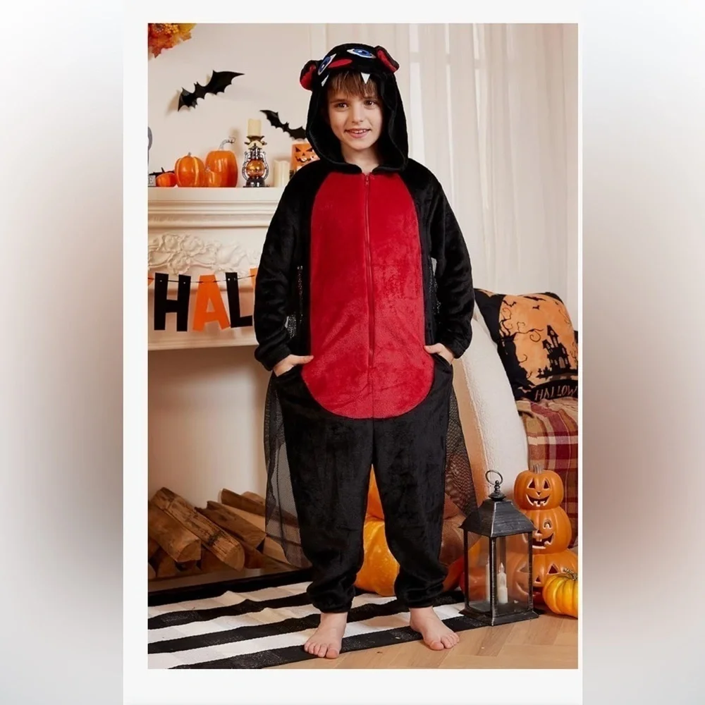New Unisex Kids Halloween Zip Up Bat Outfit Plush Hoodie Jumpsuit 11-12 Years